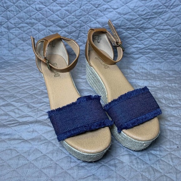 Brash Shoes Brash Blue And Tan Wedge Espadrilles Size 7 Poshmark
